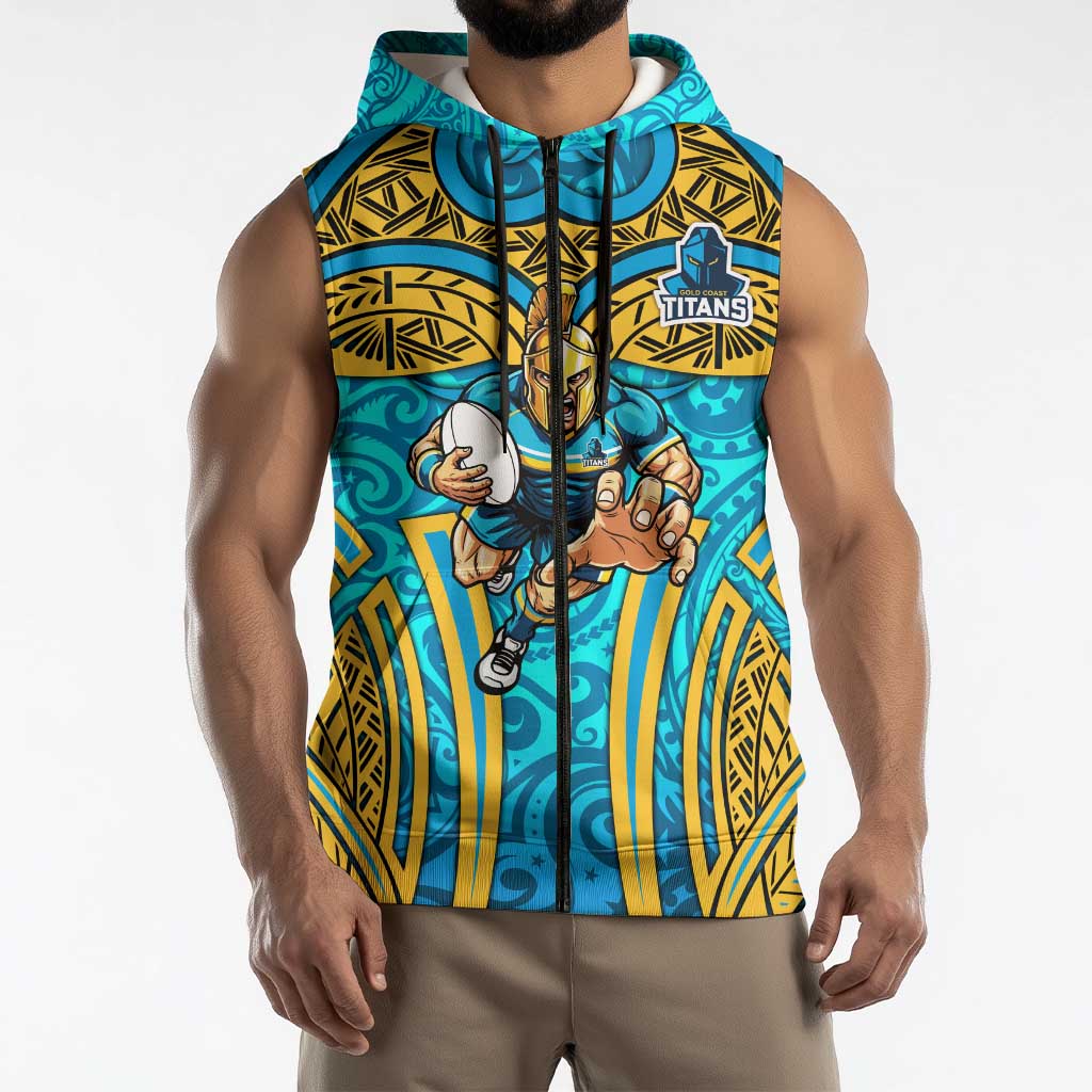 Gold Coast Titans Rugby Sleeveless Zip Hoodie Polynesian Tribal Spartan Warrior Blue Gold Pattern