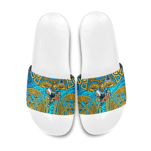 Gold Coast Titans Rugby Slide Sandals Polynesian Tribal Spartan Warrior Blue Gold Pattern