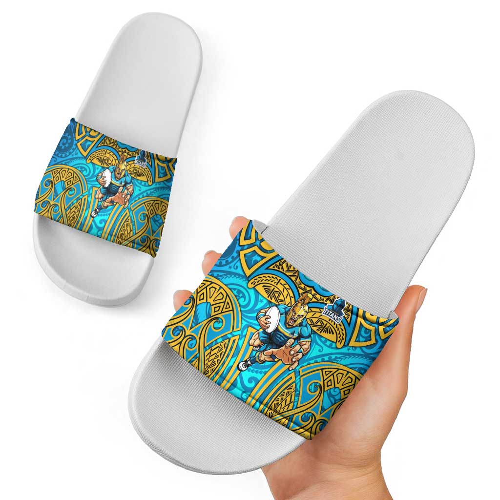 Gold Coast Titans Rugby Slide Sandals Polynesian Tribal Spartan Warrior Blue Gold Pattern