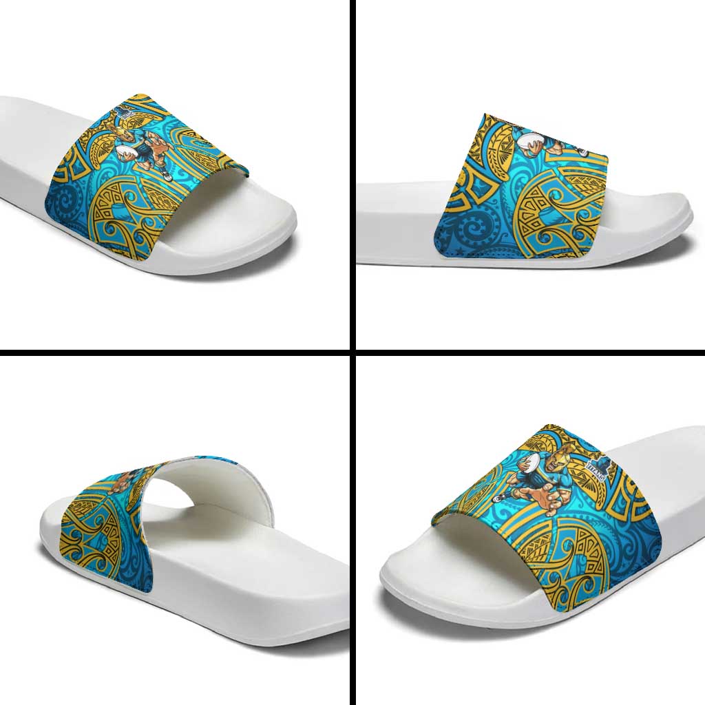 Gold Coast Titans Rugby Slide Sandals Polynesian Tribal Spartan Warrior Blue Gold Pattern
