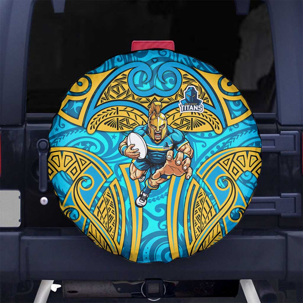 Gold Coast Titans Rugby Spare Tire Cover Polynesian Tribal Spartan Warrior Blue Gold Pattern