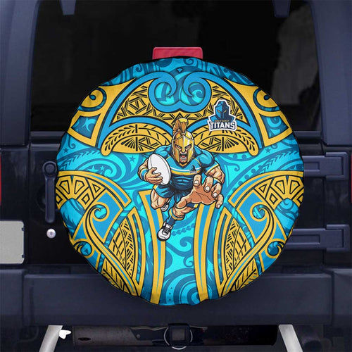 Gold Coast Titans Rugby Spare Tire Cover Polynesian Tribal Spartan Warrior Blue Gold Pattern