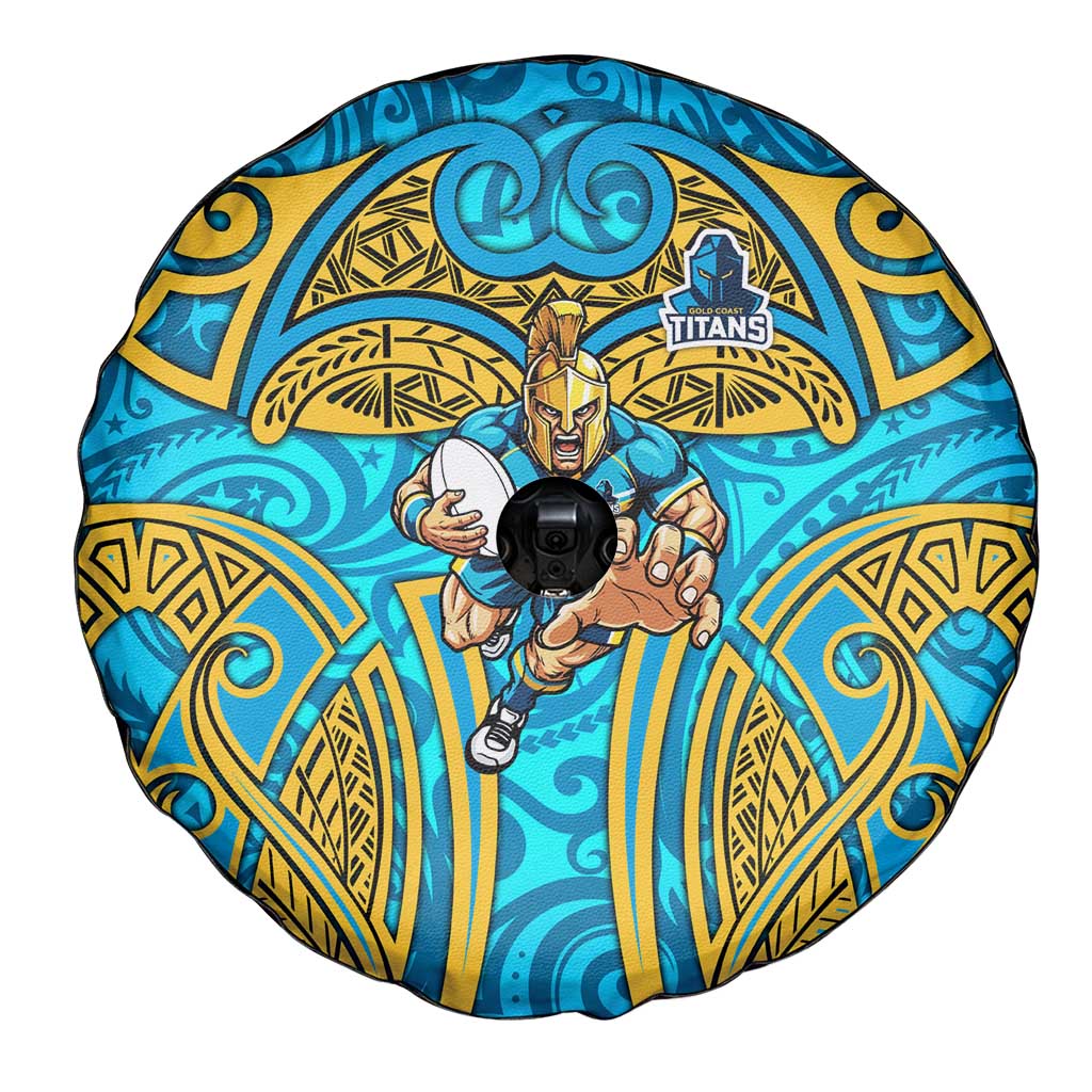 Gold Coast Titans Rugby Spare Tire Cover Polynesian Tribal Spartan Warrior Blue Gold Pattern