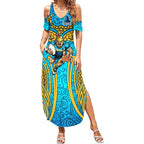 Gold Coast Titans Rugby Summer Maxi Dress Polynesian Tribal Spartan Warrior Blue Gold Pattern