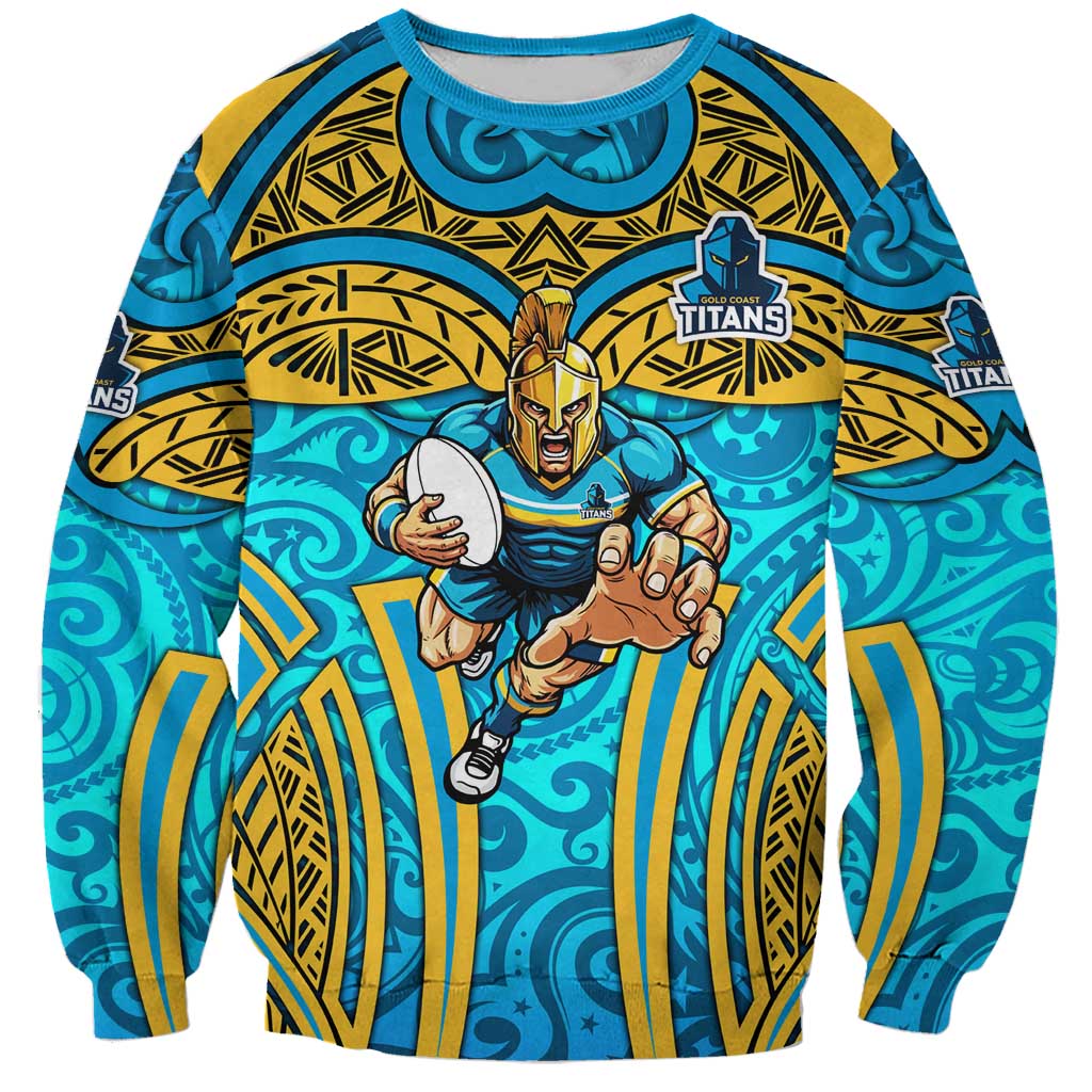 Gold Coast Titans Rugby Sweatshirt Polynesian Tribal Spartan Warrior Blue Gold Pattern