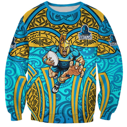 Gold Coast Titans Rugby Sweatshirt Polynesian Tribal Spartan Warrior Blue Gold Pattern