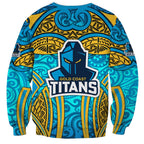 Gold Coast Titans Rugby Sweatshirt Polynesian Tribal Spartan Warrior Blue Gold Pattern