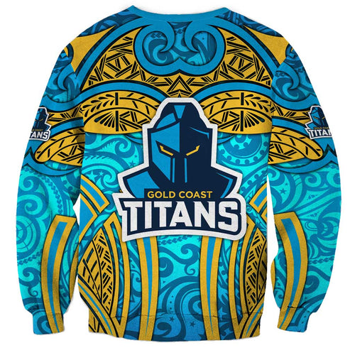 Gold Coast Titans Rugby Sweatshirt Polynesian Tribal Spartan Warrior Blue Gold Pattern