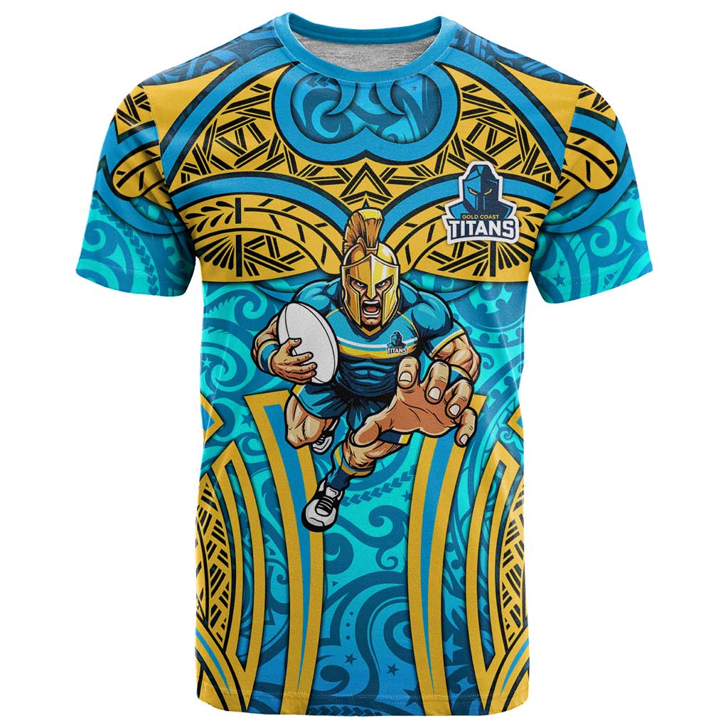 Gold Coast Titans Rugby T Shirt Polynesian Tribal Spartan Warrior Blue Gold Pattern
