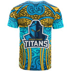 Gold Coast Titans Rugby T Shirt Polynesian Tribal Spartan Warrior Blue Gold Pattern