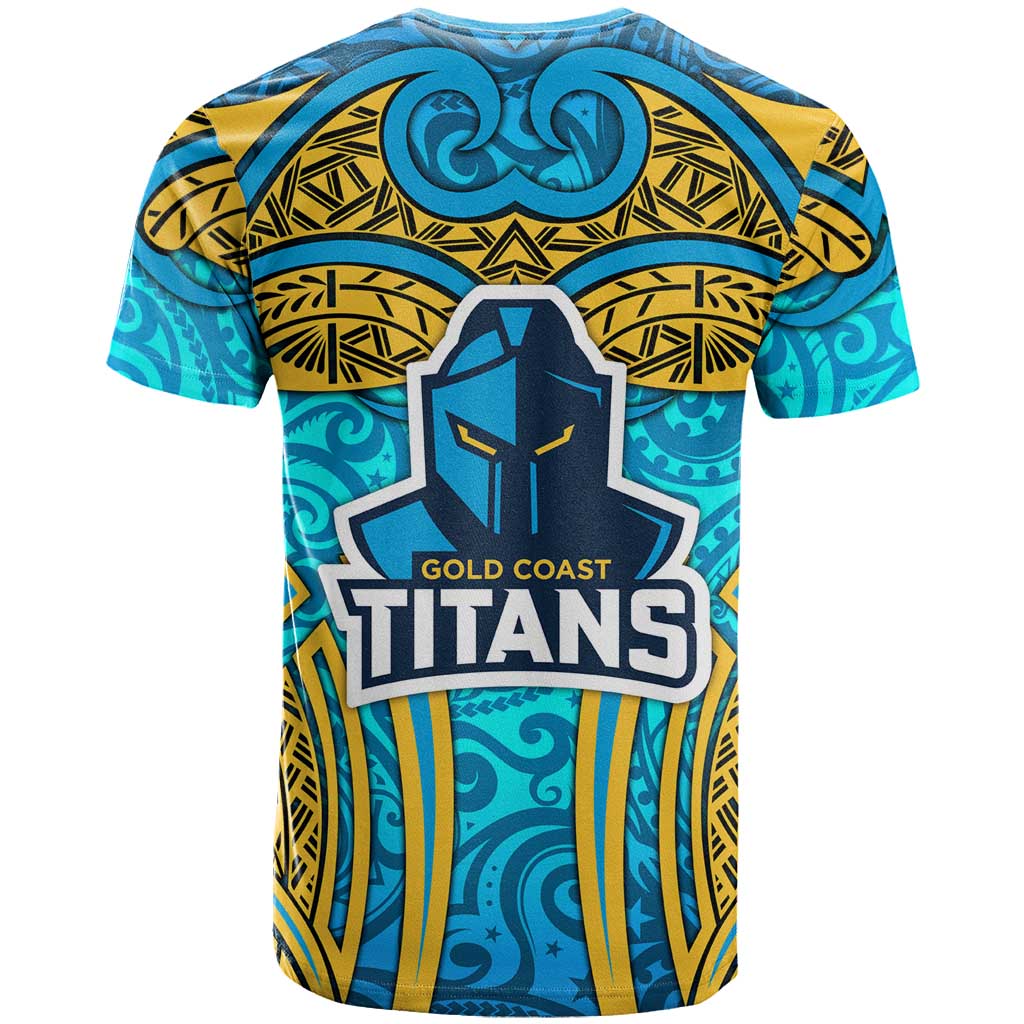 Gold Coast Titans Rugby T Shirt Polynesian Tribal Spartan Warrior Blue Gold Pattern