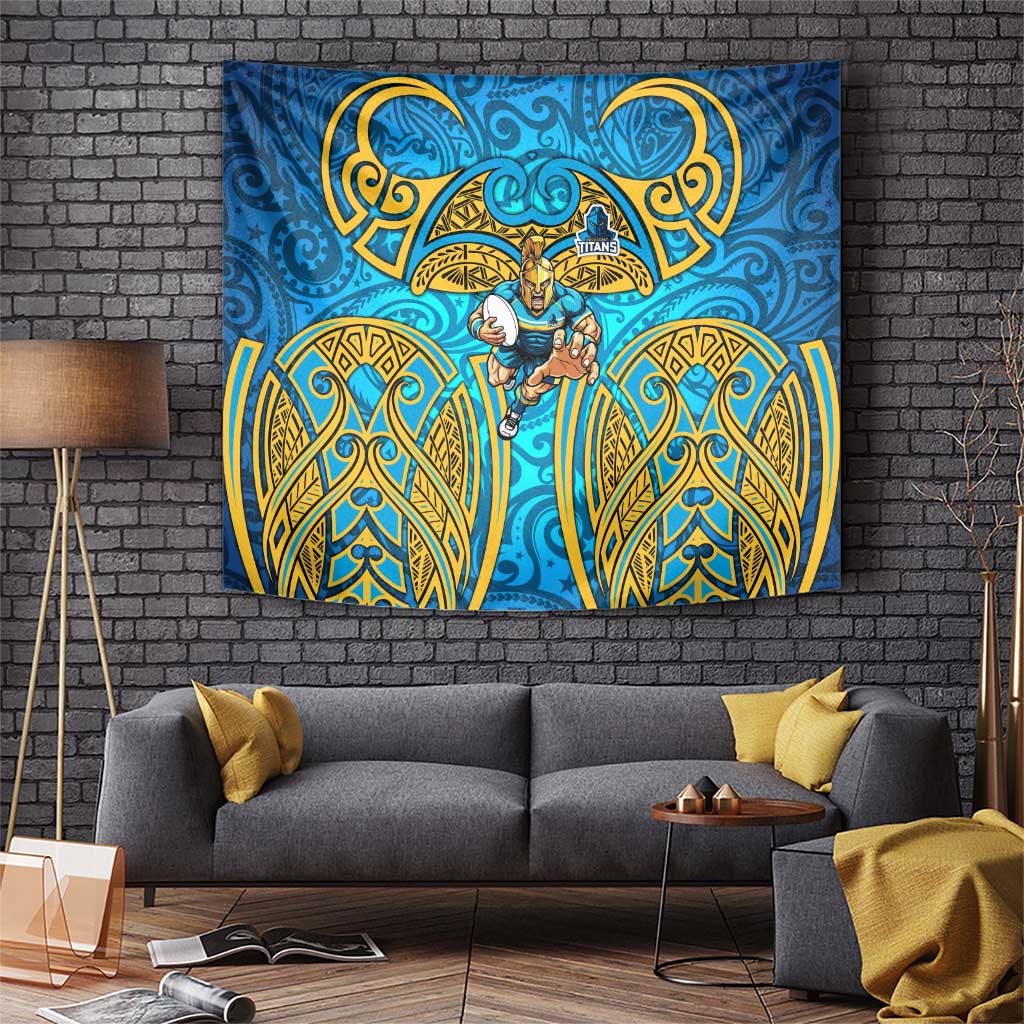 Gold Coast Titans Rugby Tapestry Polynesian Tribal Spartan Warrior Blue Gold Pattern