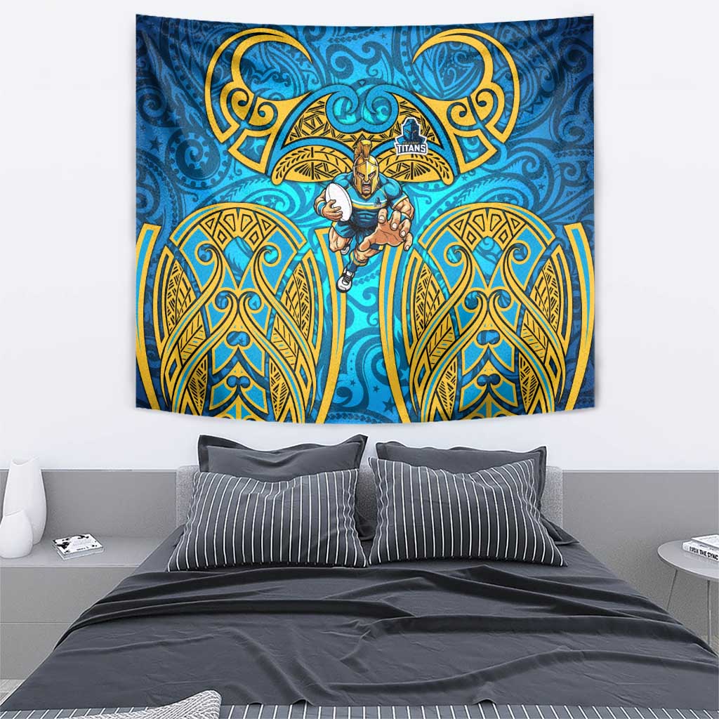 Gold Coast Titans Rugby Tapestry Polynesian Tribal Spartan Warrior Blue Gold Pattern