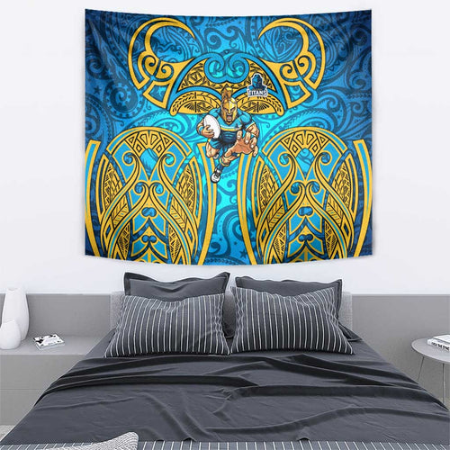 Gold Coast Titans Rugby Tapestry Polynesian Tribal Spartan Warrior Blue Gold Pattern