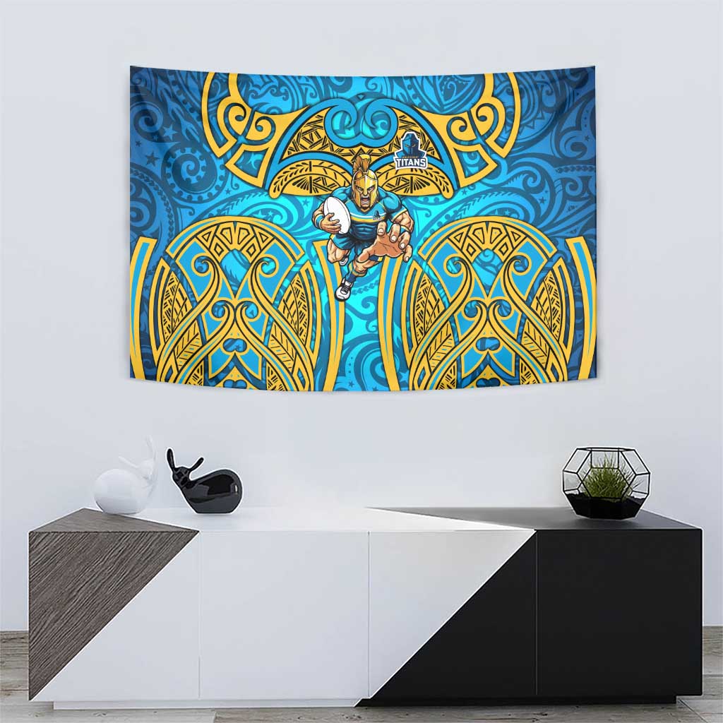 Gold Coast Titans Rugby Tapestry Polynesian Tribal Spartan Warrior Blue Gold Pattern