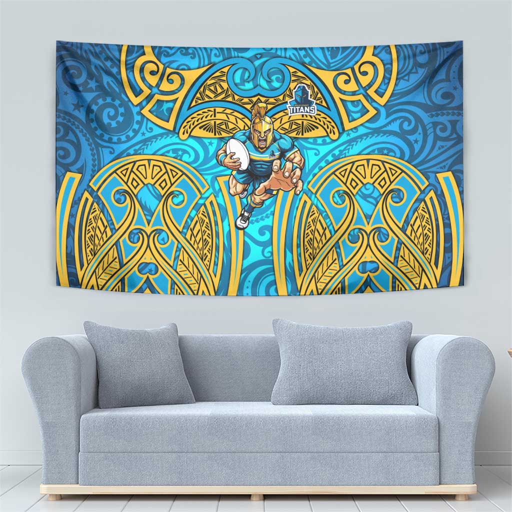 Gold Coast Titans Rugby Tapestry Polynesian Tribal Spartan Warrior Blue Gold Pattern