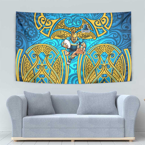 Gold Coast Titans Rugby Tapestry Polynesian Tribal Spartan Warrior Blue Gold Pattern
