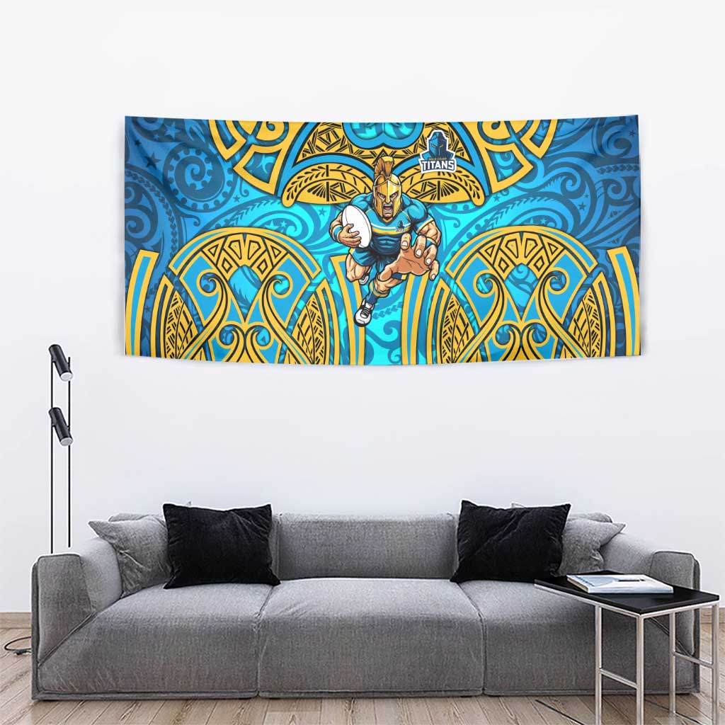 Gold Coast Titans Rugby Tapestry Polynesian Tribal Spartan Warrior Blue Gold Pattern