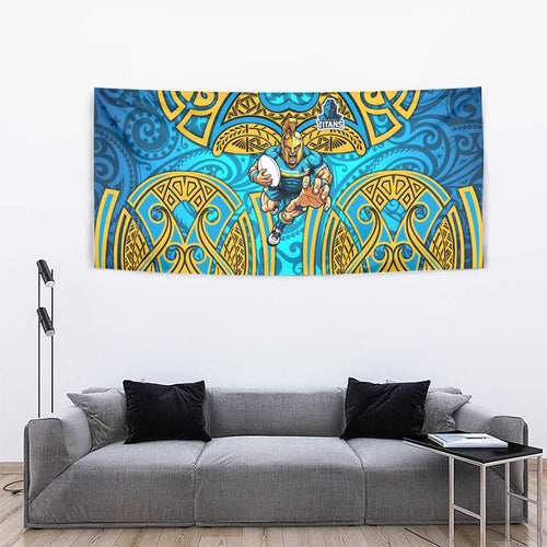 Gold Coast Titans Rugby Tapestry Polynesian Tribal Spartan Warrior Blue Gold Pattern