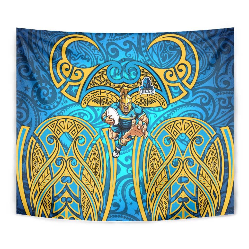 Gold Coast Titans Rugby Tapestry Polynesian Tribal Spartan Warrior Blue Gold Pattern