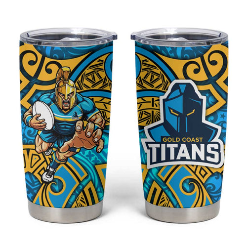 Gold Coast Titans Rugby Tumbler Cup Polynesian Tribal Spartan Warrior Blue Gold Pattern