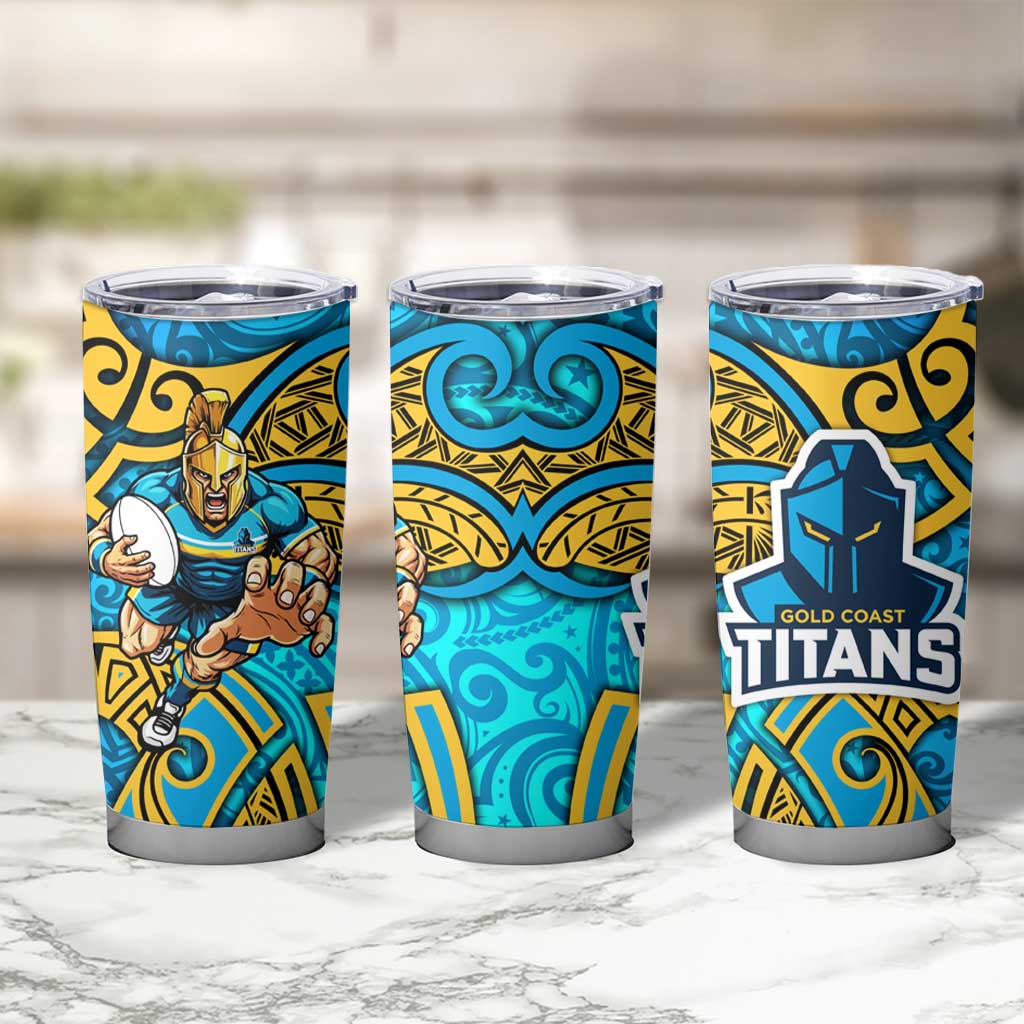 Gold Coast Titans Rugby Tumbler Cup Polynesian Tribal Spartan Warrior Blue Gold Pattern