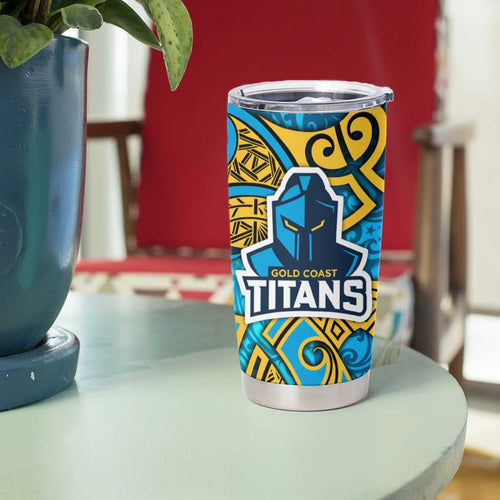 Gold Coast Titans Rugby Tumbler Cup Polynesian Tribal Spartan Warrior Blue Gold Pattern