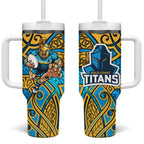 Gold Coast Titans Rugby Tumbler With Handle Polynesian Tribal Spartan Warrior Blue Gold Pattern