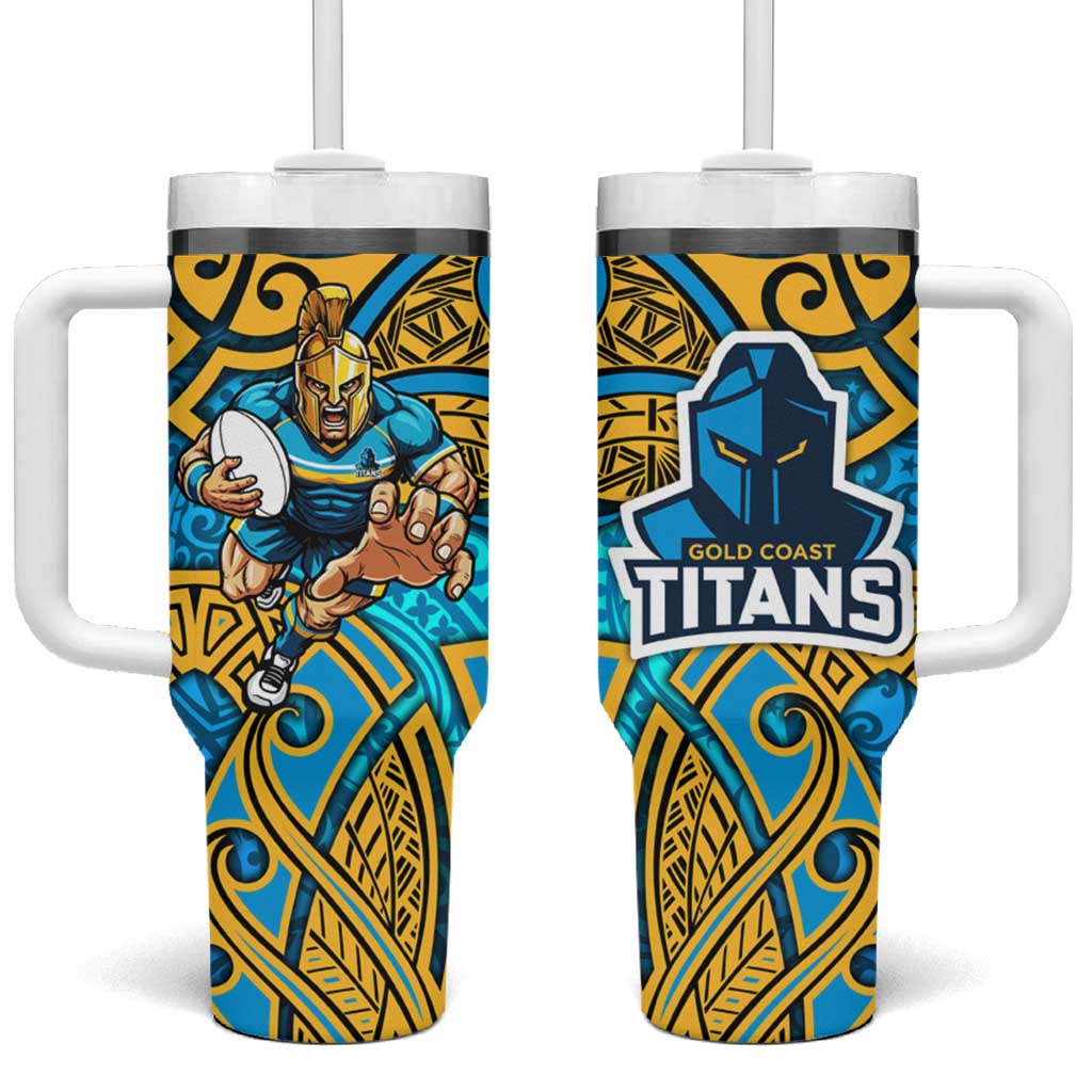 Gold Coast Titans Rugby Tumbler With Handle Polynesian Tribal Spartan Warrior Blue Gold Pattern
