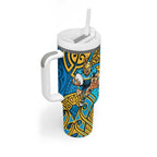 Gold Coast Titans Rugby Tumbler With Handle Polynesian Tribal Spartan Warrior Blue Gold Pattern