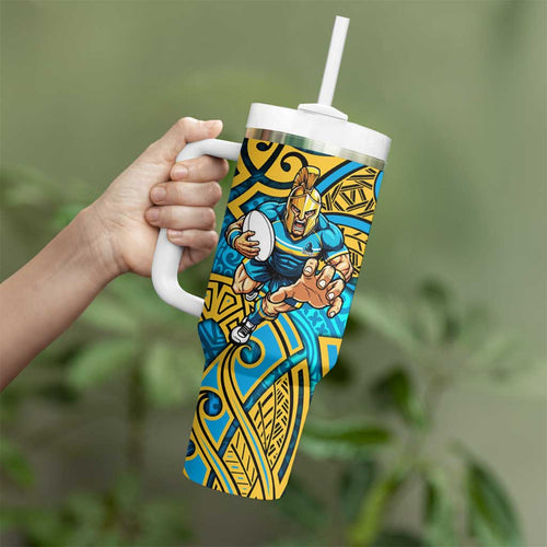 Gold Coast Titans Rugby Tumbler With Handle Polynesian Tribal Spartan Warrior Blue Gold Pattern