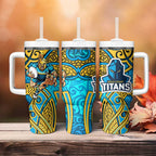 Gold Coast Titans Rugby Tumbler With Handle Polynesian Tribal Spartan Warrior Blue Gold Pattern