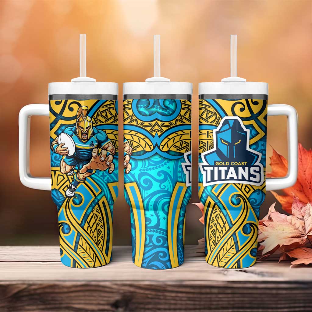 Gold Coast Titans Rugby Tumbler With Handle Polynesian Tribal Spartan Warrior Blue Gold Pattern