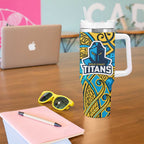 Gold Coast Titans Rugby Tumbler With Handle Polynesian Tribal Spartan Warrior Blue Gold Pattern