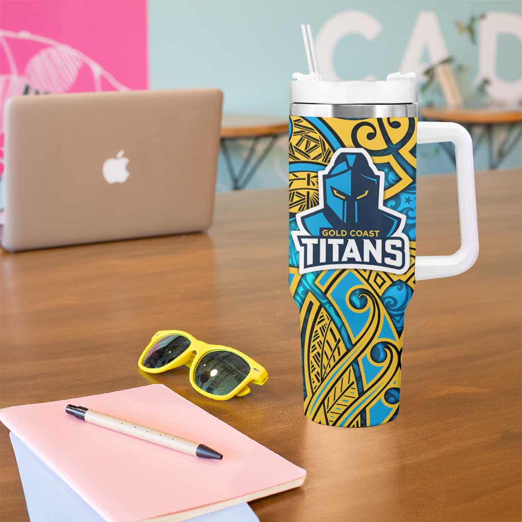 Gold Coast Titans Rugby Tumbler With Handle Polynesian Tribal Spartan Warrior Blue Gold Pattern
