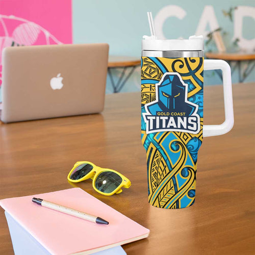 Gold Coast Titans Rugby Tumbler With Handle Polynesian Tribal Spartan Warrior Blue Gold Pattern
