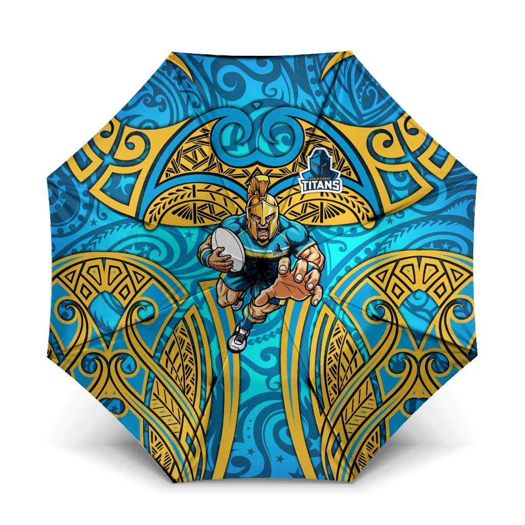 Gold Coast Titans Rugby Umbrella Polynesian Tribal Spartan Warrior Blue Gold Pattern