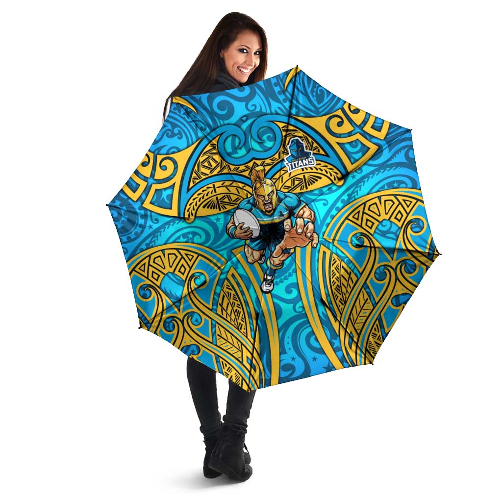 Gold Coast Titans Rugby Umbrella Polynesian Tribal Spartan Warrior Blue Gold Pattern