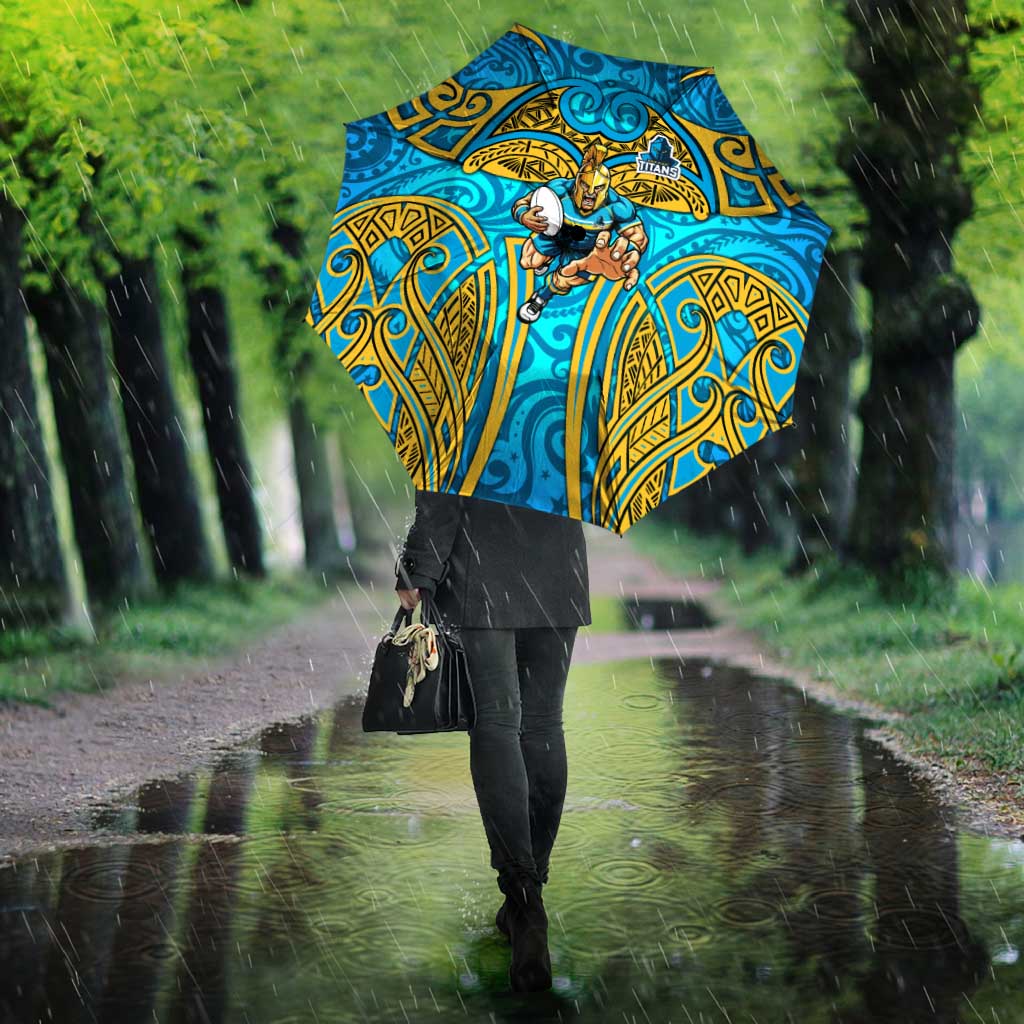 Gold Coast Titans Rugby Umbrella Polynesian Tribal Spartan Warrior Blue Gold Pattern