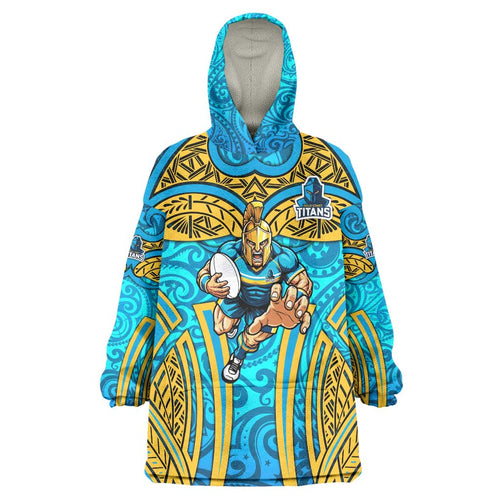 Gold Coast Titans Rugby Wearable Blanket Hoodie Polynesian Tribal Spartan Warrior Blue Gold Pattern