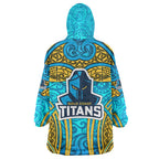 Gold Coast Titans Rugby Wearable Blanket Hoodie Polynesian Tribal Spartan Warrior Blue Gold Pattern