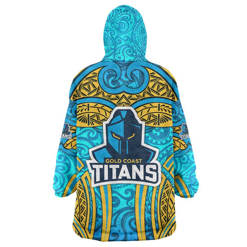 Gold Coast Titans Rugby Wearable Blanket Hoodie Polynesian Tribal Spartan Warrior Blue Gold Pattern