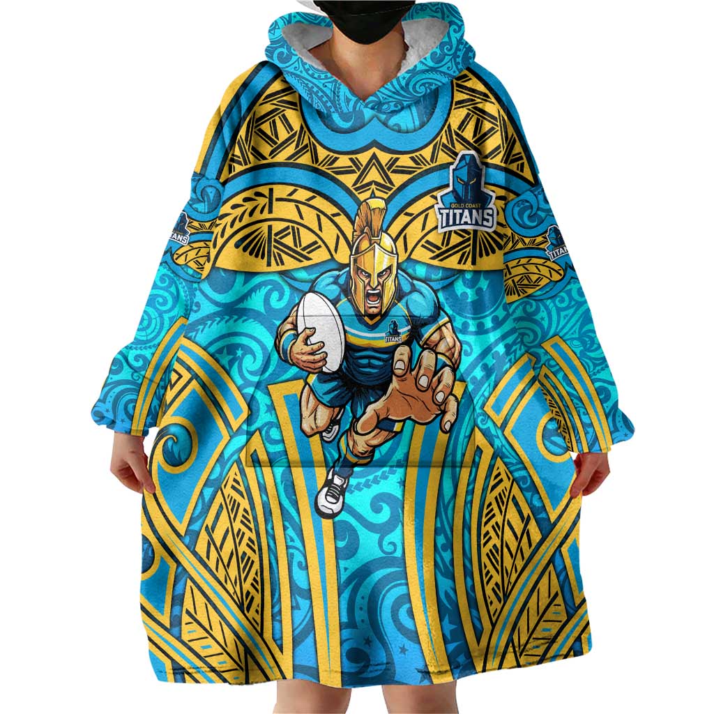 Gold Coast Titans Rugby Wearable Blanket Hoodie Polynesian Tribal Spartan Warrior Blue Gold Pattern