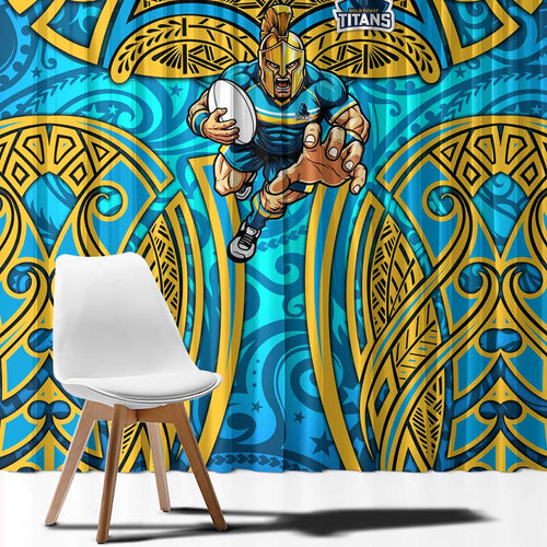 Gold Coast Titans Rugby Window Curtain Polynesian Tribal Spartan Warrior Blue Gold Pattern