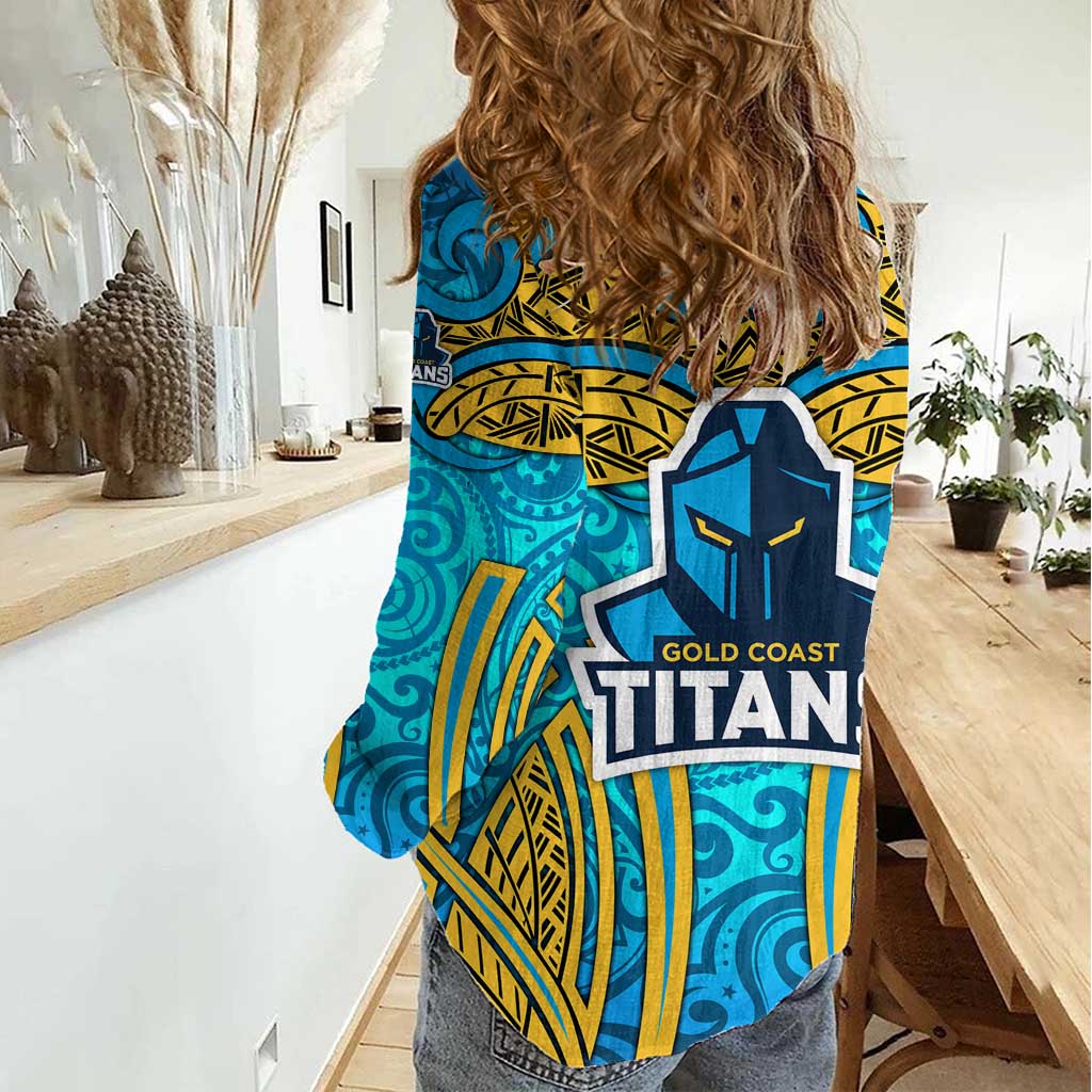 Gold Coast Titans Rugby Women Casual Shirt Polynesian Tribal Spartan Warrior Blue Gold Pattern