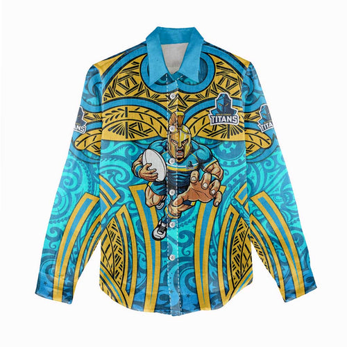 Gold Coast Titans Rugby Women Casual Shirt Polynesian Tribal Spartan Warrior Blue Gold Pattern