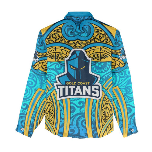 Gold Coast Titans Rugby Women Casual Shirt Polynesian Tribal Spartan Warrior Blue Gold Pattern