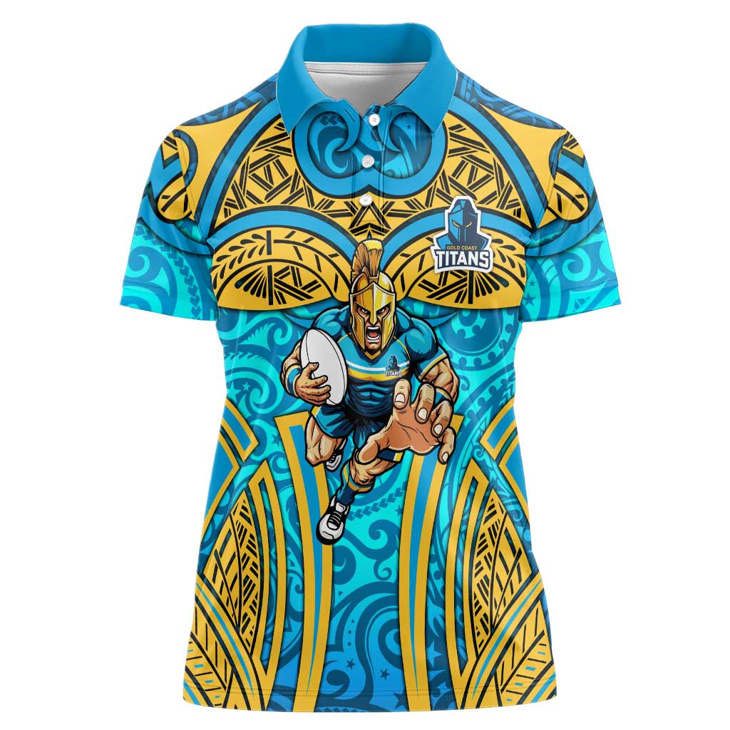 Gold Coast Titans Rugby Women Polo Shirt Polynesian Tribal Spartan Warrior Blue Gold Pattern