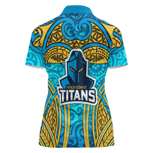 Gold Coast Titans Rugby Women Polo Shirt Polynesian Tribal Spartan Warrior Blue Gold Pattern