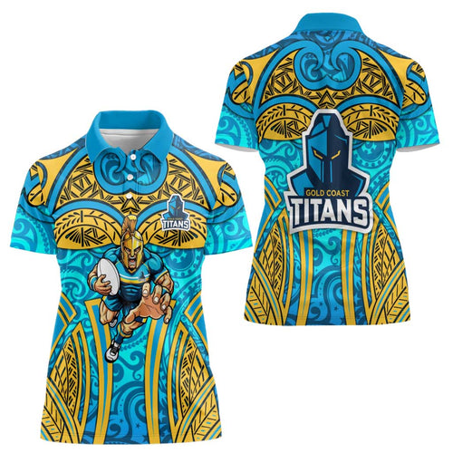 Gold Coast Titans Rugby Women Polo Shirt Polynesian Tribal Spartan Warrior Blue Gold Pattern